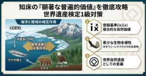 知床の顕著な普遍的価値と世界遺産検定1級対策の解説図。季節海氷、栄養塩の供給、サケの遡上、ヒグマやオジロワシの食物連鎖、および登録基準(ix)(x)の複合的価値を図解。