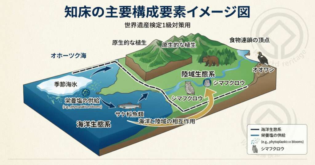 知床の海洋生態系と陸域生態系の相互作用図。季節海氷、栄養塩の供給、サケ科魚類、ヒグマ、シマフクロウ、オオワシ、原生的な植生の位置関係を示した世界遺産検定対策用の図解。