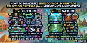 世界遺産検定対策用の登録基準(1〜10)を一発で覚えるための最強の語呂合わせと重要キーワードの解説イラスト