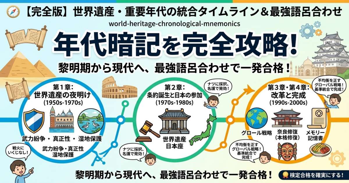 世界遺産検定の年代暗記を攻略する、黎明期から現代までの重要年代統合タイムラインと最強語呂合わせのアイキャッチ画像
