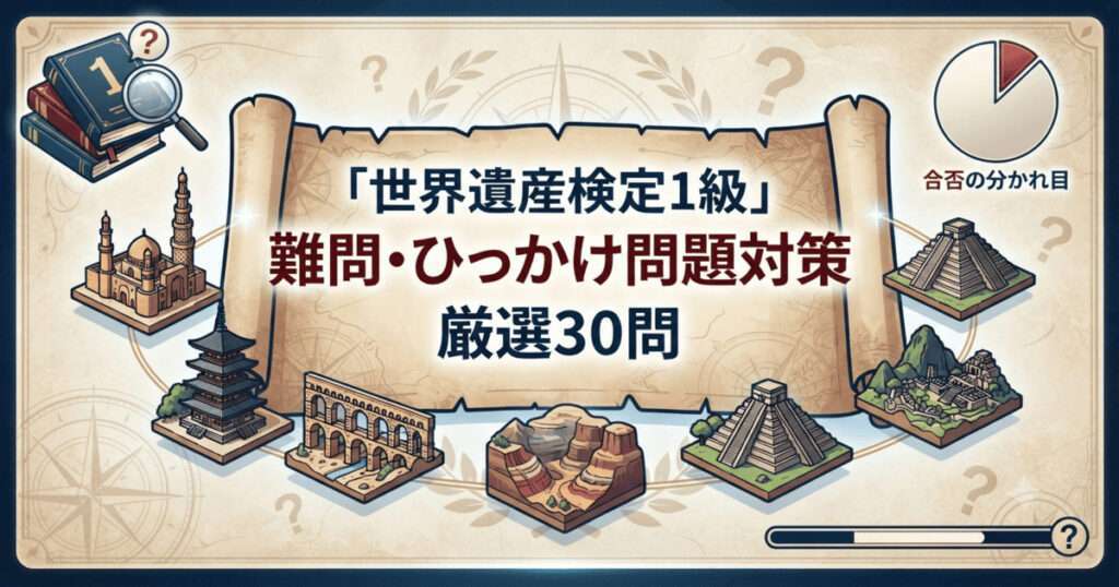 「世界遺産検定1級 難問・ひっかけ問題対策 厳選30問」と書かれた古地図風のアイキャッチ画像。世界遺産のミニチュアイラストと「？」マークが散りばめられています。