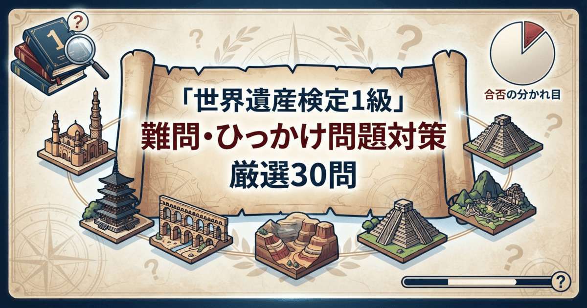 「世界遺産検定1級 難問・ひっかけ問題対策 厳選30問」と書かれた古地図風のアイキャッチ画像。世界遺産のミニチュアイラストと「？」マークが散りばめられています。