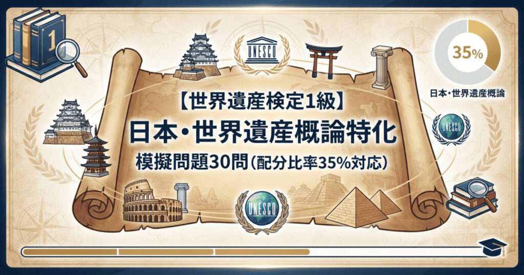 「世界遺産検定1級 日本・世界遺産概論特化 模擬問題30問 配分比率35%対応」と書かれた古地図風のアイキャッチ画像。姫路城や鳥居、パルテノン神殿などのイラストが描かれています。