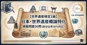 「世界遺産検定1級 日本・世界遺産概論特化 模擬問題30問 配分比率35%対応」と書かれた古地図風のアイキャッチ画像。姫路城や鳥居、パルテノン神殿などのイラストが描かれています。