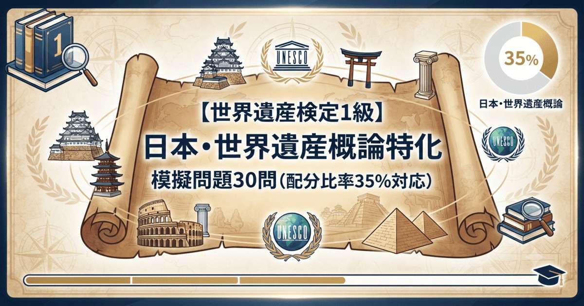「世界遺産検定1級 日本・世界遺産概論特化 模擬問題30問 配分比率35%対応」と書かれた古地図風のアイキャッチ画像。姫路城や鳥居、パルテノン神殿などのイラストが描かれています。