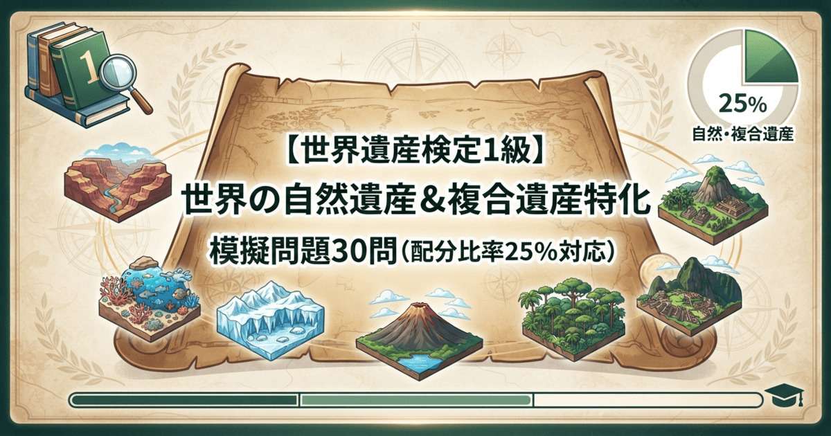「世界遺産検定1級 世界の自然遺産＆複合遺産特化 模擬問題30問 配分比率25%対応」と書かれた古地図風のアイキャッチ画像。森林や海洋、山岳などの自然遺産をイメージさせるイラストが描かれています。