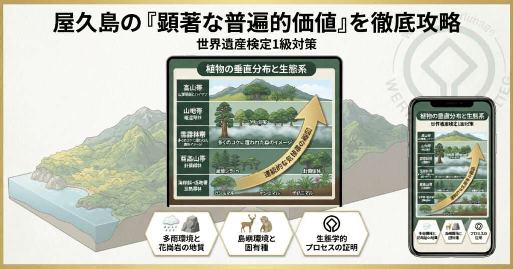 屋久島の巨木と標高差による植物の垂直分布、花崗岩の地質、そして多様な生態系をまとめた世界遺産検定1級対策用の図解。