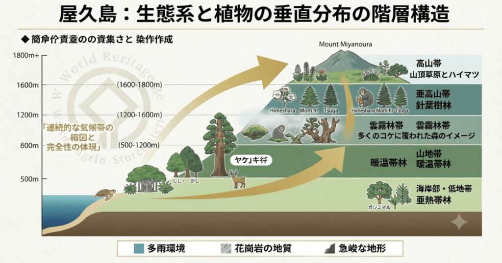 屋久島の海岸部から山頂部（宮之浦岳）に至る急峻な地形と、標高差によって形成される5つの植生帯（亜熱帯林、暖温帯林、雲霧林帯、針葉樹林、高山帯）の階層構造をまとめた世界遺産検定1級対策用イラスト図解。