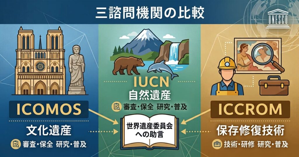 三諮問機関（ICOMOS・IUCN・ICCROM）の役割と専門領域の比較イラスト