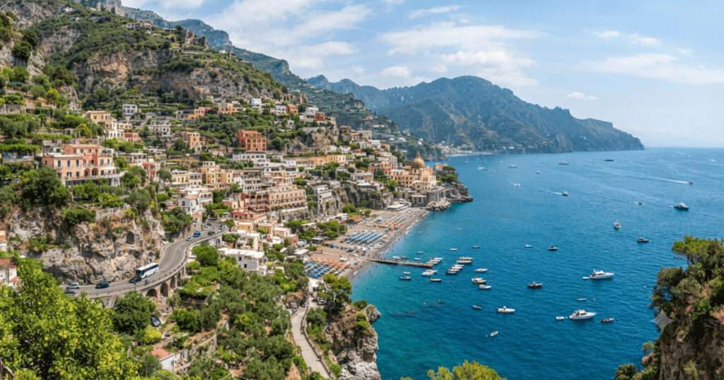 青い海と急峻な崖に囲まれたイタリアの世界遺産アマルフィ海岸の風景。崖の斜面には、カラフルな建物が密集するポジターノの街が段々畑のように連なり、海岸沿いの道路や多くのボートが行き交っている。