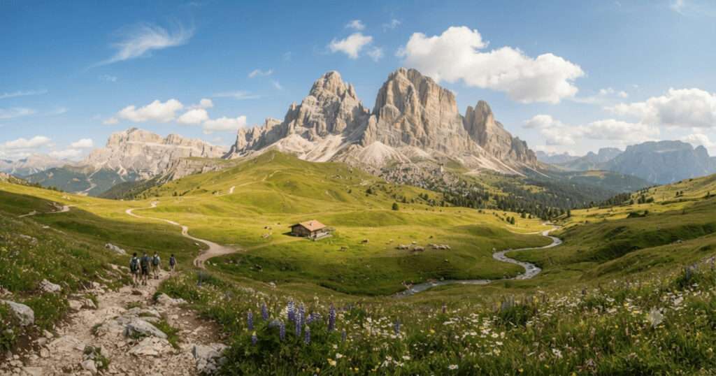 イタリア北部に位置するドロミーティ山塊(世界遺産)の壮大な夏のパノラマビュー。手前には高山植物が咲き乱れる緑豊かな草原が広がり、ハイカーのグループが曲がりくねった小道を歩いている。中央には小さな小屋と放牧された牛が点在し、背景にはトレ・チーメ・ディ・ラヴァレド(三連峰)の象徴的な岩峰が青空の下そびえ立っている。