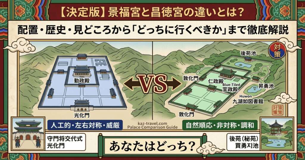 景福宮と昌徳宮の違いを比較・解説する記事用アイキャッチ画像。韓国の伝統文様のフレーム内に、左側は景福宮の「人工的・左右対称・威厳」を示す青色の直線的配置図と守門将交代式のイラスト、右側は昌徳宮の「自然順応・非対称・調和」を示す緑色の自然と一体化した配置図と後苑（芙蓉池）のイラストが対峙している。上部には「【決定版】景福宮と昌徳宮の違いとは？ 配置・歴史・見どころから「どっちに行くべきか」まで徹底解説」という文字が配置されている。
