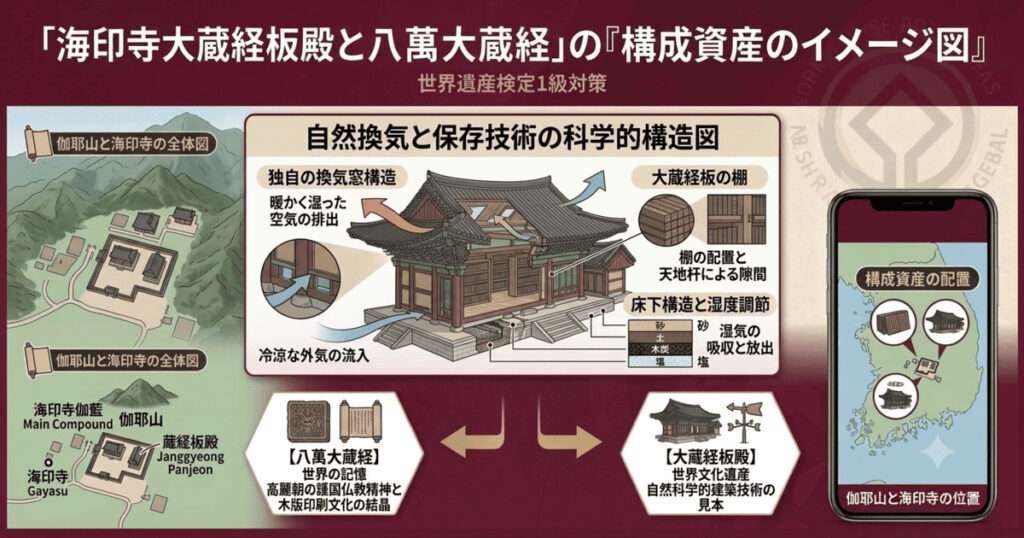 韓国の世界遺産「海印寺大蔵経板殿と八萬大蔵経」の構成資産と保存科学を解説するインフォグラフィック。上部にタイトル、左下に伽耶山の伽藍配置図、中央に大蔵経板殿の自然換気と床下湿度調節(木炭・塩など)の科学的構造図、右下にスマートフォン画面による位置図、下部に「八萬大蔵経」と「大蔵経板殿」の価値(世界の記憶、世界文化遺産)を示す六角形アイコンが配置されている。