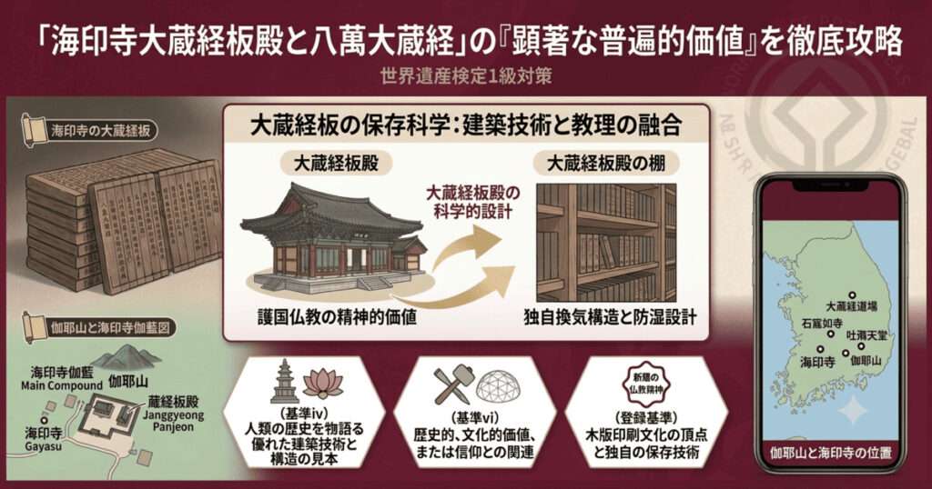 韓国の世界遺産「海印寺大蔵経板殿と八萬大蔵経」の顕著な普遍的価値（OUV）を解説したインフォグラフィック。海印寺の木版蔵、大蔵経板（八萬大蔵経）のイラスト、自然換気と防湿のための保存科学を示す図解、登録基準（iv）、(vi)および独自の登録基準を示す3つの hexagonal アイコン、伽耶山と海印寺の位置関係を示す地図が、整理されたレイアウトで描かれている。