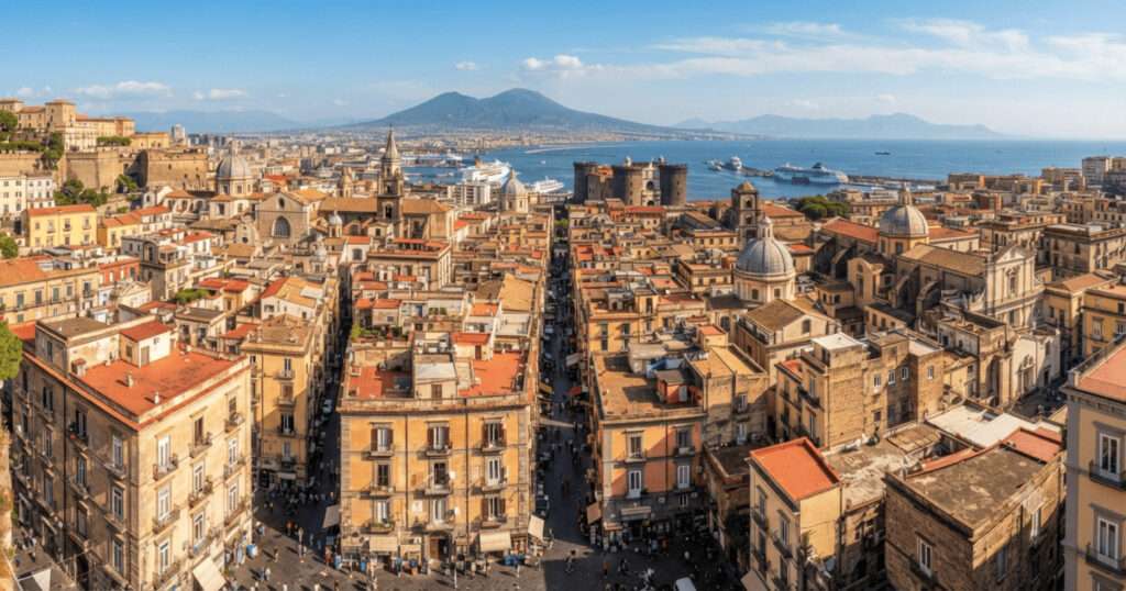 イタリア・ナポリの歴史地区の街並み。密集する歴史的な建物や教会、赤瓦の屋根が広がり、遠景には青いナポリ湾と雄大なヴェスヴィオ山がそびえている。