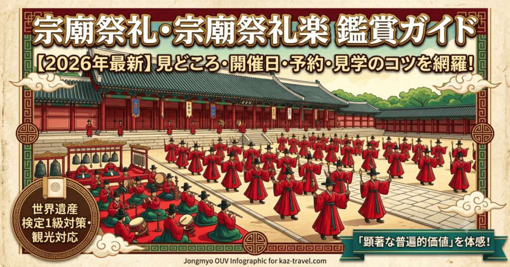 世界遺産・宗廟の正殿前で執り行われる「宗廟祭礼」のアイキャッチ画像。赤い祭服を着た64人の踊り手による整然とした「佾舞（イルム）」と、編鐘などの伝統楽器を演奏する「宗廟祭礼楽」の様子が描かれている。上部には「宗廟祭礼・宗廟祭礼楽 鑑賞ガイド【2026年最新】見どころ・開催日・予約・見学のコツを網羅！」という文字が配置されている。