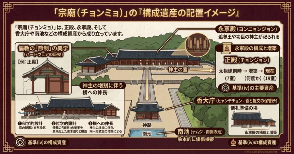 韓国の世界遺産「宗廟(チョンミョ)」の構成遺産の配置と特徴を解説するインフォグラフィック。画面中央に南北の軸線(神路)に沿った境内鳥瞰図があり、南から南池、香大庁、永寧殿、正殿が配置されている。右側には正殿の増築の歴史(7室から19室へ)や祀られる神主のイメージ、永寧殿の役割が記載されている。左側には儒教の「節制」の美学を示す正殿の断面図があり、自然換気や床下湿度調節、横方向への伸長といった科学的・哲学的設計が図解されている。下部には登録基準「基準(iv)の構成資産」と明記されている。