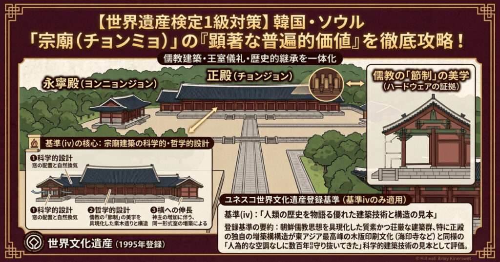 韓国の世界遺産「宗廟（チョンミョ）」の顕著な普遍的価値（OUV）と建築的価値を解説するインフォグラフィック。画面中央に永寧殿、正殿、神路の配置図、左下に自然換気や儒教の節制の美学、横への増築構造を示す科学的・哲学的設計の解説、右下に世界文化遺産登録基準「基準(iv)のみ適用」とその理由が明記されている。