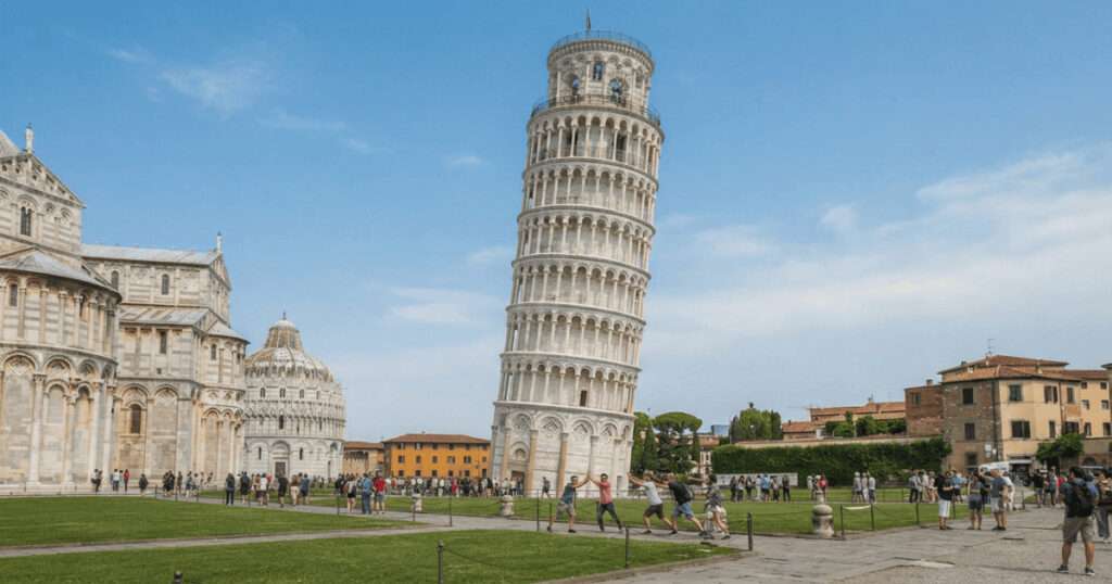 青空の下、イタリアのピサにある奇跡の広場(Piazza dei Miracoli)に建つ、傾いた有名なピサの斜塔。白い大理石の円柱が重なる美しい塔が、左側のドゥオーモ(大聖堂)や周囲の緑地、観光客と共に写し出されている。