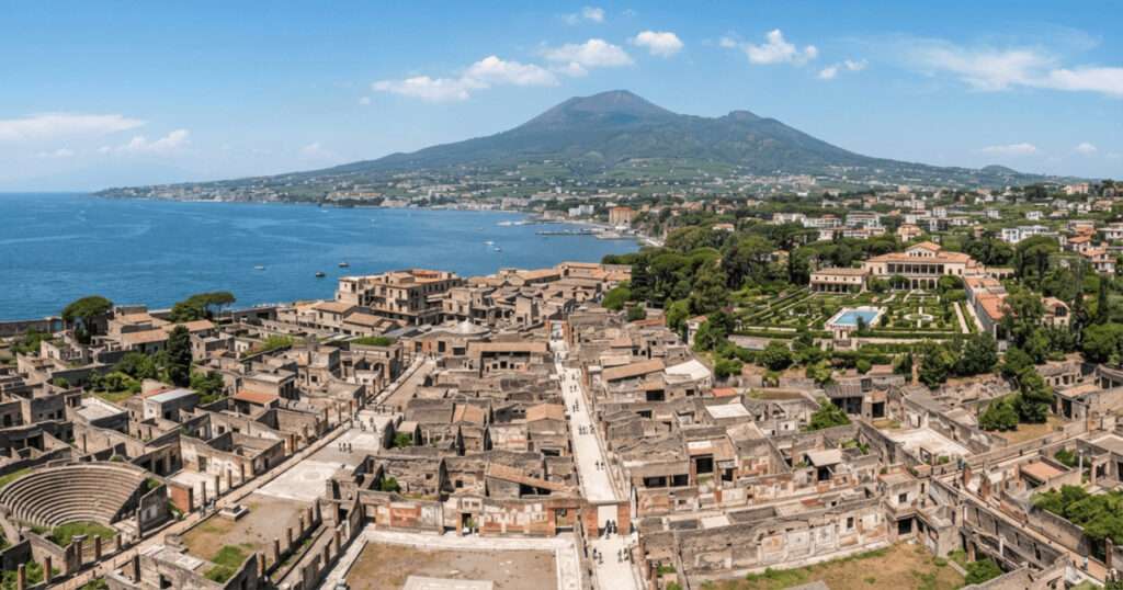 イタリアのナポリ湾を背景に広がる、ヴェスヴィオ火山の麓にある古代ローマの都市遺跡「ポンペイ」の広大なパノラマビュー。手前には発掘された石造りの建物や街路、小劇場が残り、遠くには山と海が広がっている。