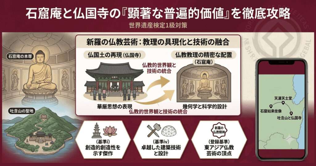 韓国の世界遺産「石窟庵と仏国寺」の顕著な普遍的価値（OUV）を解説したインフォグラフィック画像。左側に石窟庵の本尊と吐含山、中央に仏国寺の仏国土再現と石窟庵の精密配置のイラスト、下部に登録基準（i、iv）を掲載した世界遺産検定1級対策用の解説イメージ。