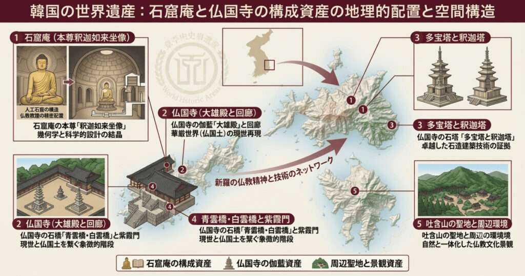 韓国の世界遺産「石窟庵と仏国寺」の主要構成資産の地理的配置と空間構造を解説したインフォグラフィック画像。中央に慶州・吐含山の地形図と構成資産の位置を示すマップ、その周囲に「石窟庵（本尊と断面図）」「仏国寺（大雄殿と回廊）」「多宝塔と釈迦塔（外観図）」「青雲橋・白雲橋と紫霞門（階段と橋の構造）」「吐含山の聖地と周辺環境」の計5つの詳細イラスト解説パネルを配置している。下部には参考画像と同じスタイルのアイコン凡例を掲載。世界遺産検定1級対策用の解説イメージ。