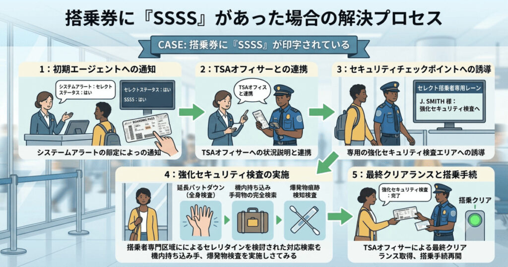 搭乗券にSSSSが印字された場合の空港での対応フロー図。有人カウンターでの発券からTSAによる追加検査（全身検査・手荷物検索・爆発物検査）、搭乗手続きまでの解決プロセスを示したインフォグラフィック。