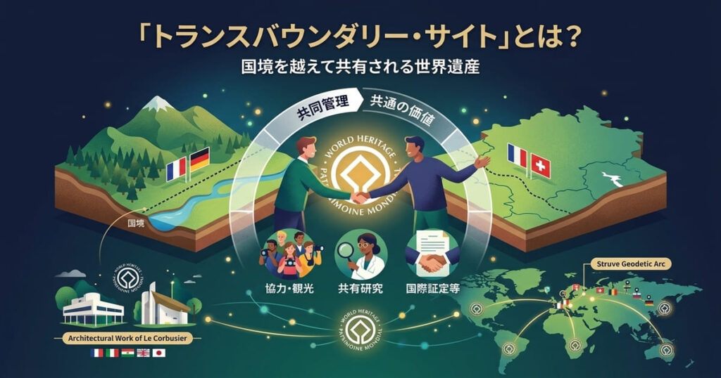 国境を越えて共有される世界遺産「トランスバウンダリー・サイト」の概念を表現した解説用アイキャッチ画像イラスト。