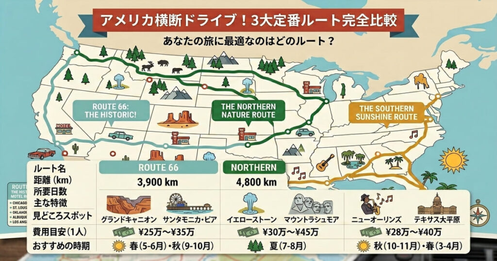 アメリカ横断ドライブ!3大定番ルート(Route 66、北部、南部)のルート、距離、日数、特徴(レトロ、自然、音楽)、見どころ、費用、時期を比較したインフォグラフィック表