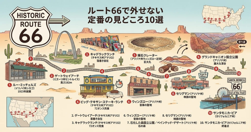 アメリカ横断ルート66の定番見どころ10選と絶景ハイライトをまとめたマップ風アイキャッチ画像