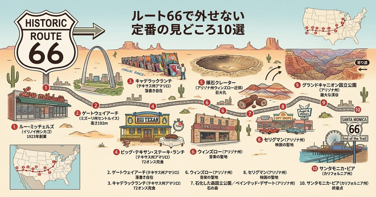 アメリカ横断ルート66の定番見どころ10選と絶景ハイライトをまとめたマップ風アイキャッチ画像