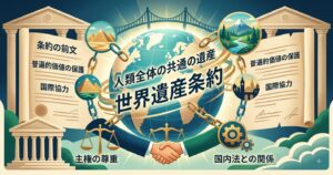 世界遺産条約の基本理念と地球規模の保護を表現したイラスト