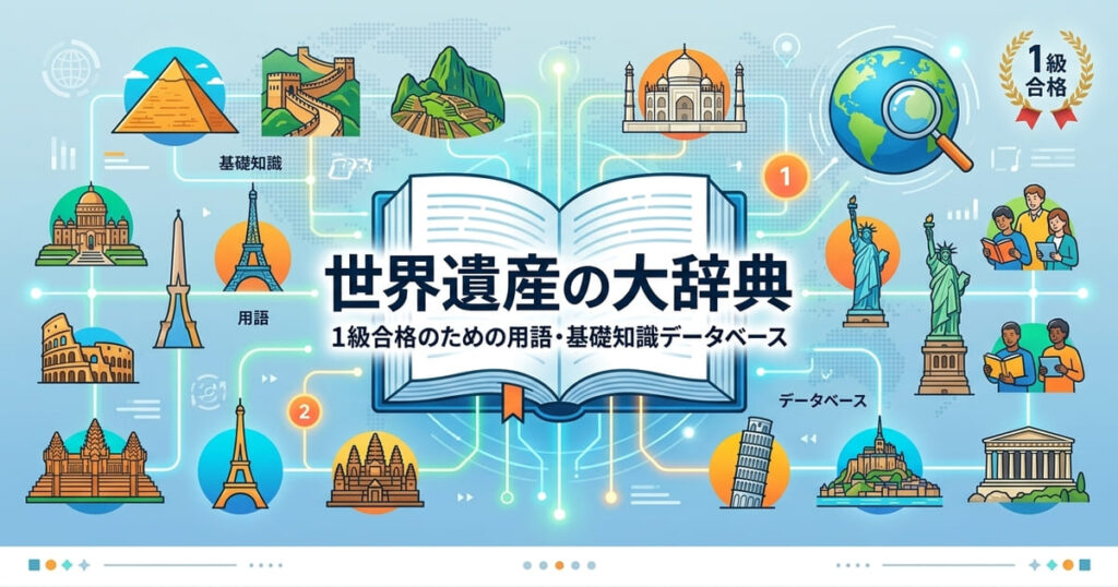 世界遺産検定1級合格のための用語・基礎知識データベースのアイキャッチ画像。中央に大きく開いた辞典とタイトル、周りに世界遺産のイラストが描かれています。