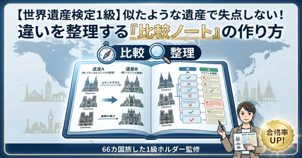 世界遺産検定1級で似たような遺産による失点を防ぐための「比較ノート」の作り方を解説するアイキャッチ画像