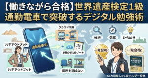 通勤電車を最高の試験会場に変えて働きながら世界遺産検定1級を突破するデジタル勉強術を解説するアイキャッチ画像