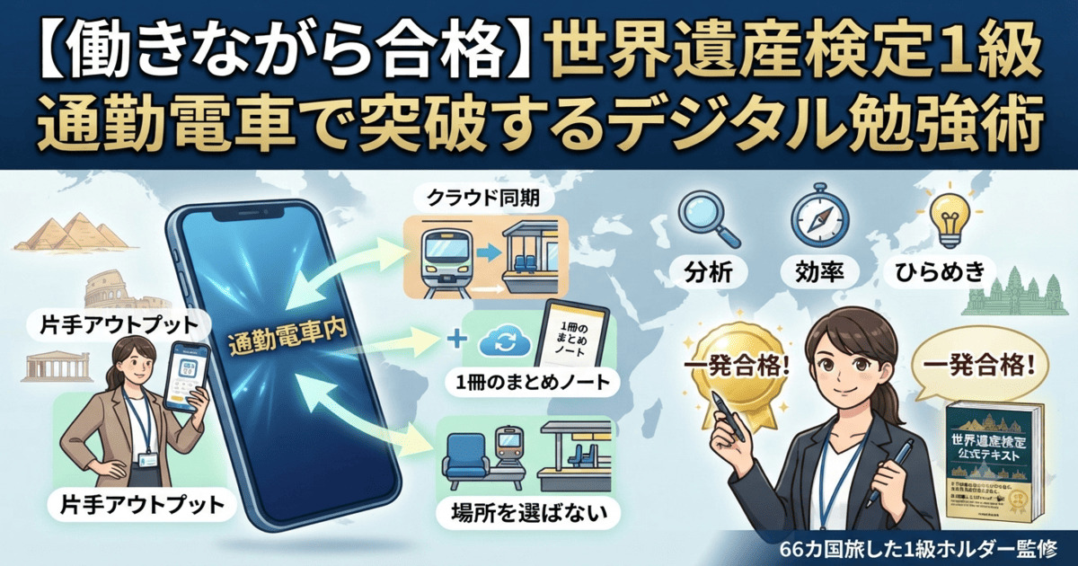 通勤電車を最高の試験会場に変えて働きながら世界遺産検定1級を突破するデジタル勉強術を解説するアイキャッチ画像
