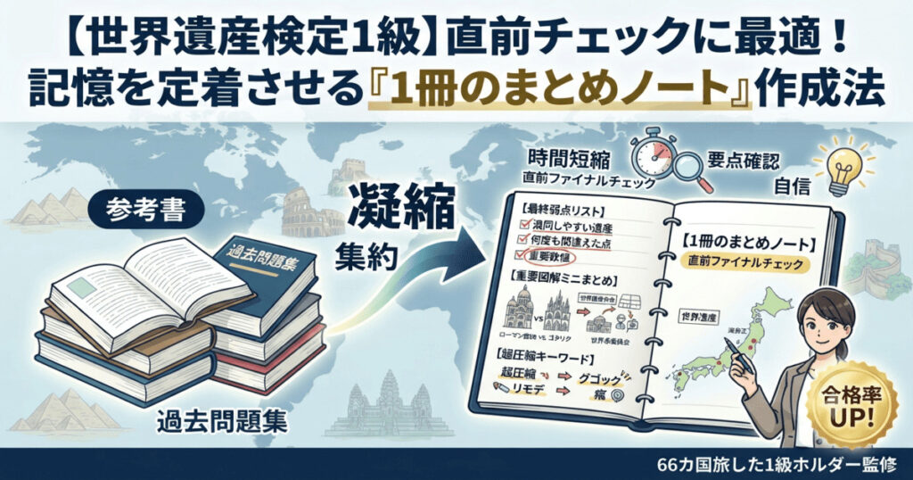 世界遺産検定1級の試験直前チェックに最適な「1冊のまとめノート」の作成法を解説するアイキャッチ画像