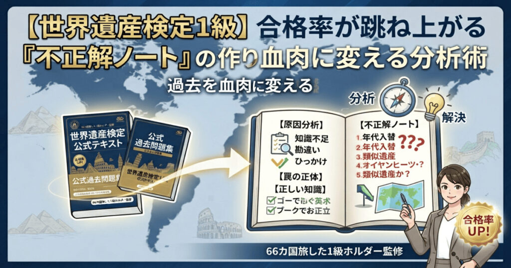 世界遺産検定1級の合格率を上げる「不正解ノート」の作り方と過去問分析術を解説するアイキャッチ画像