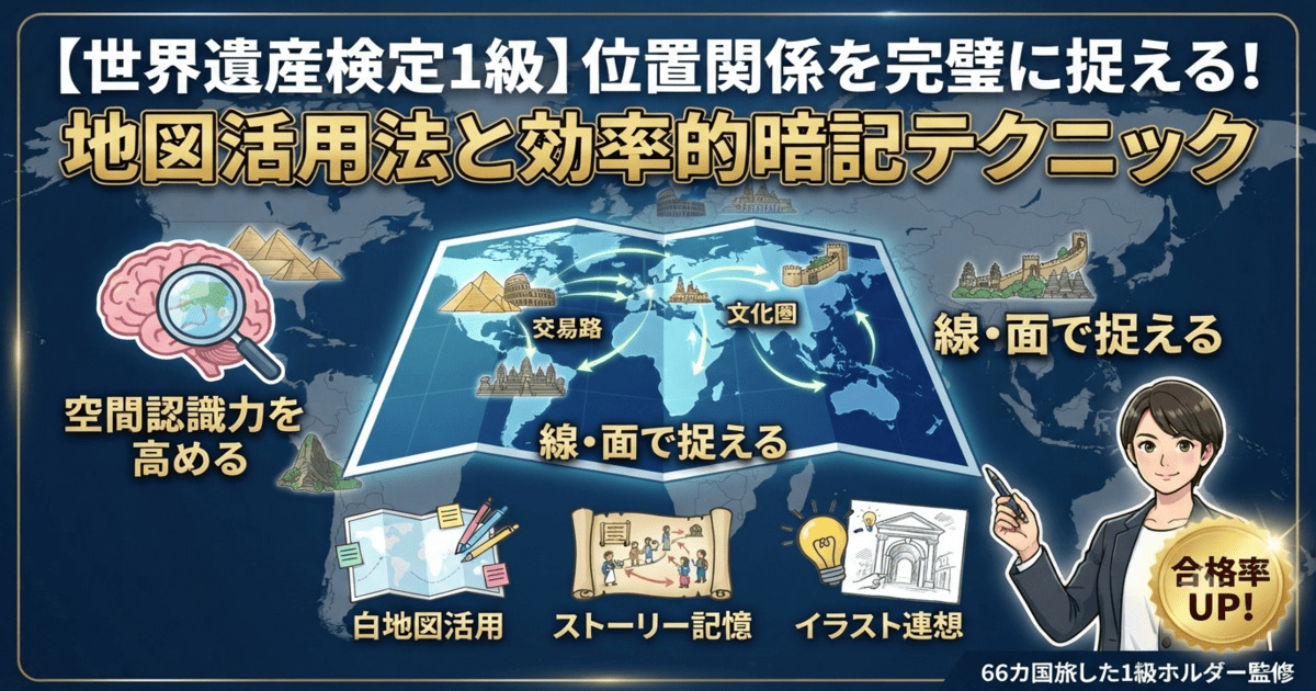 世界遺産検定1級で頻出の位置関係を完璧に捉えるための地図活用法と効率的な暗記テクニックを解説するアイキャッチ画像