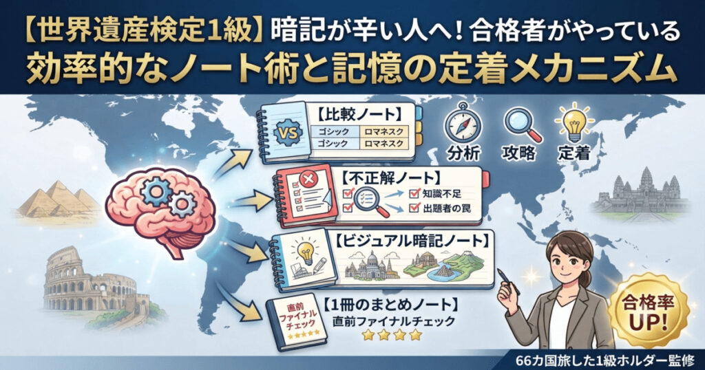 世界遺産検定1級の暗記が辛い方へ向けた、記憶の定着メカニズムと4つの効率的なノート術を解説するアイキャッチ画像