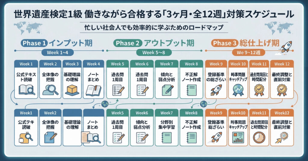 世界遺産検定1級に働きながら合格するための3ヶ月・全12週の対策スケジュールロードマップ（インプット期・アウトプット期・総仕上げ期）