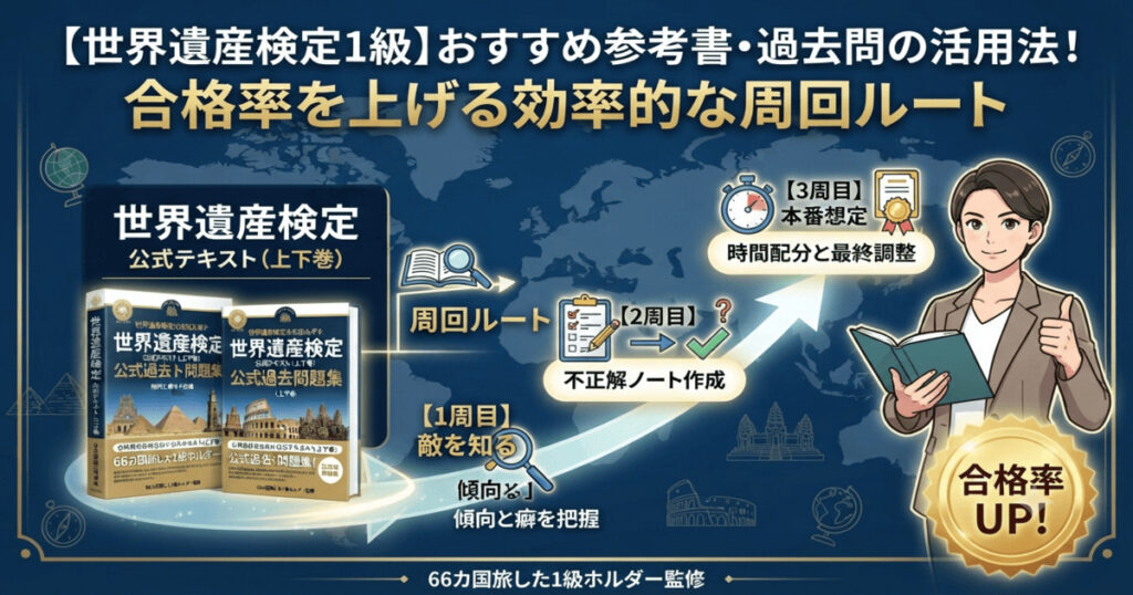 世界遺産検定1級のおすすめ参考書と過去問の効率的な周回ルートを解説するアイキャッチ画像