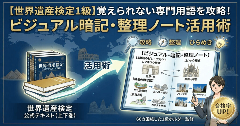 世界遺産検定1級の難解な専門用語や建築様式をビジュアルで攻略する暗記ノート術を解説するアイキャッチ画像