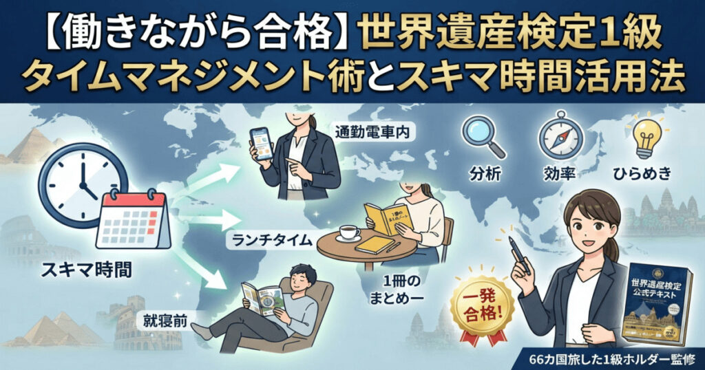 働きながら世界遺産検定1級に一発合格するためのタイムマネジメント術とスキマ時間の活用法を解説するアイキャッチ画像