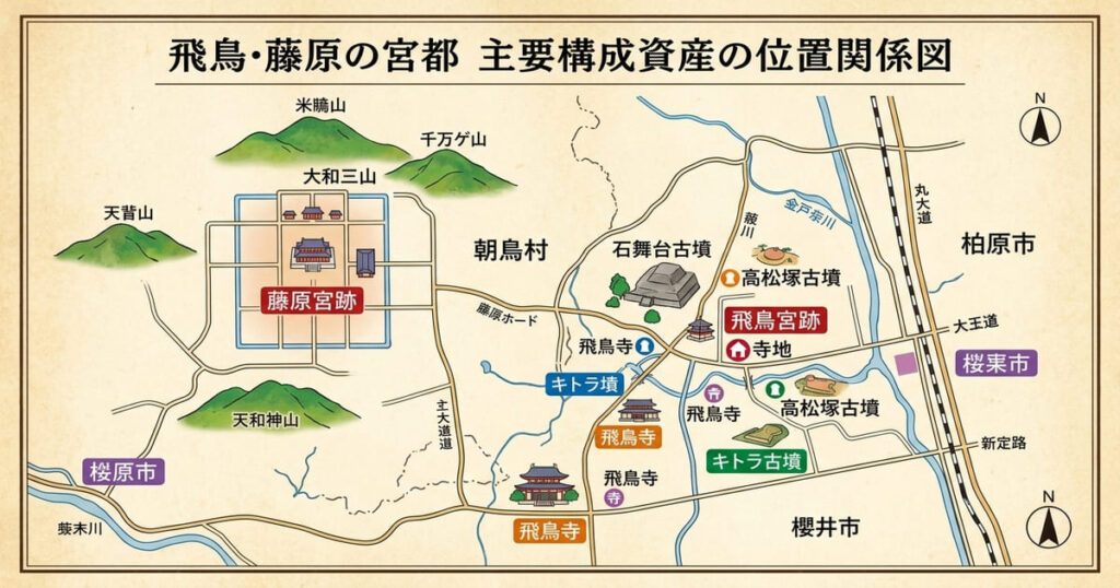 飛鳥・藤原の宮都の主要構成資産である藤原宮跡、飛鳥宮跡、飛鳥寺、石舞台古墳、高松塚古墳、キトラ古墳の位置関係を示したわかりやすいイラスト地図