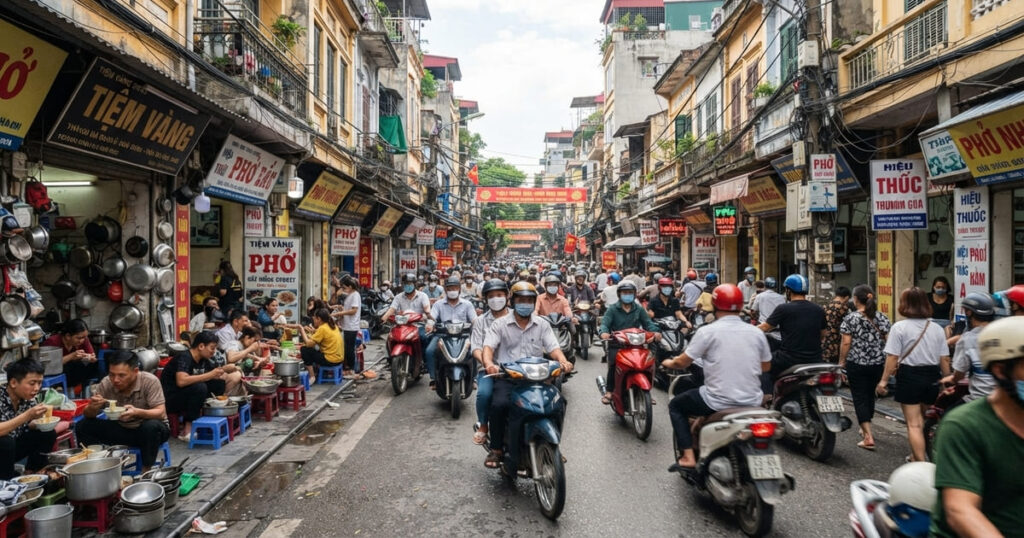 ハノイ旧市街の狭い通りを埋め尽くす多くのバイクと、活気のある黄色い街並み