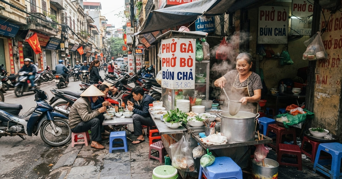 ベトナム・ハノイの狭い路地にある屋台で、湯気の立つ大きな鍋から麺をすくい上げる笑顔の女性店主と、小さなプラスチックの椅子に座って食事をする地元の人々。バイクが停まり、行き交う様子も見える。