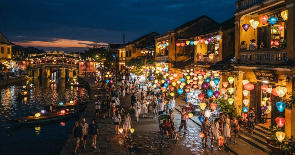 夜のホイアン旧市街。カラフルなランタンが川沿いの古い黄色い建物を照らし、多くの観光客が歩いたり、ランタンを浮かべた小舟に乗ったりしている。奥には日本橋も見える。