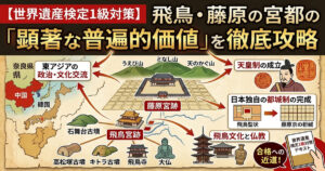 世界遺産検定1級対策向けのアイキャッチ画像。飛鳥・藤原の宮都の顕著な普遍的価値（OUV）である東アジアとの交流、日本独自の都城制、飛鳥文化と仏教などをわかりやすく図解したイラスト
