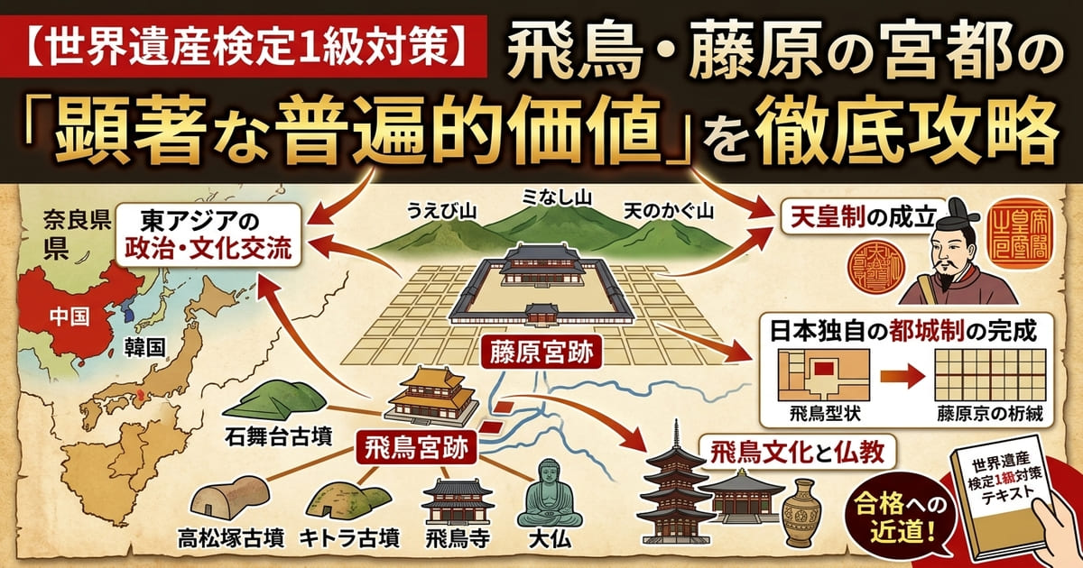 世界遺産検定1級対策向けのアイキャッチ画像。飛鳥・藤原の宮都の顕著な普遍的価値（OUV）である東アジアとの交流、日本独自の都城制、飛鳥文化と仏教などをわかりやすく図解したイラスト